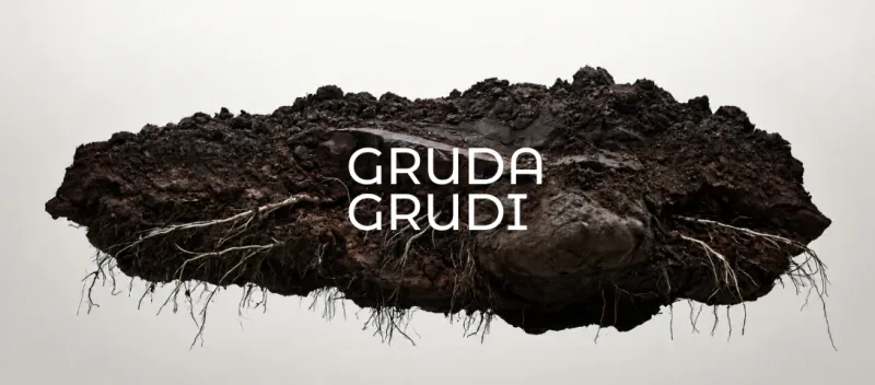 Promocijska fotografija za predstavo Gruda, prvi del diptiha Gruda grudi, prikazuje kos zemlje s koreninami.  